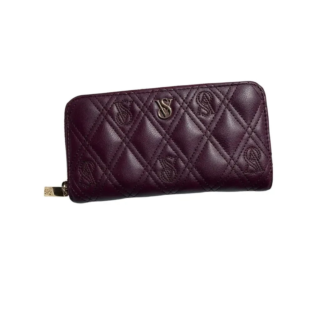 Victoria’s Secret Burgundy Quilted Zip Around Wallet Gold Tone Logo